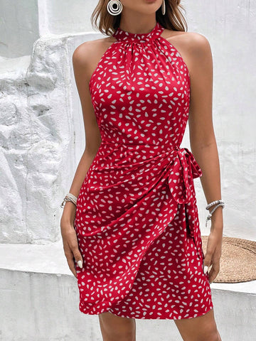 Women's Summer Allover Print Sleeveless Halter Dress Teacher Clothes Old Money Style Elegant