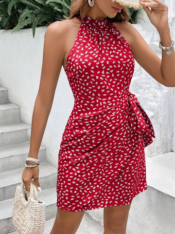 Women's Summer Allover Print Sleeveless Halter Dress Teacher Clothes Old Money Style Elegant