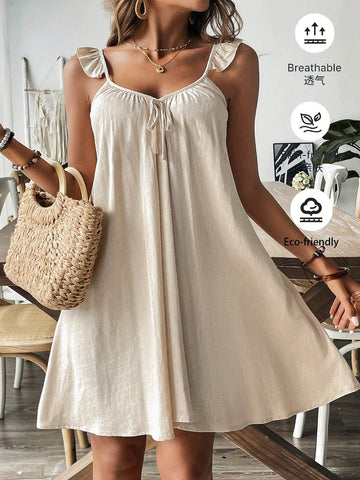 Women's Summer Boho Holiday Loose Linen Dress,Beige Ruffled Strap Tie Front Dress, Suitable