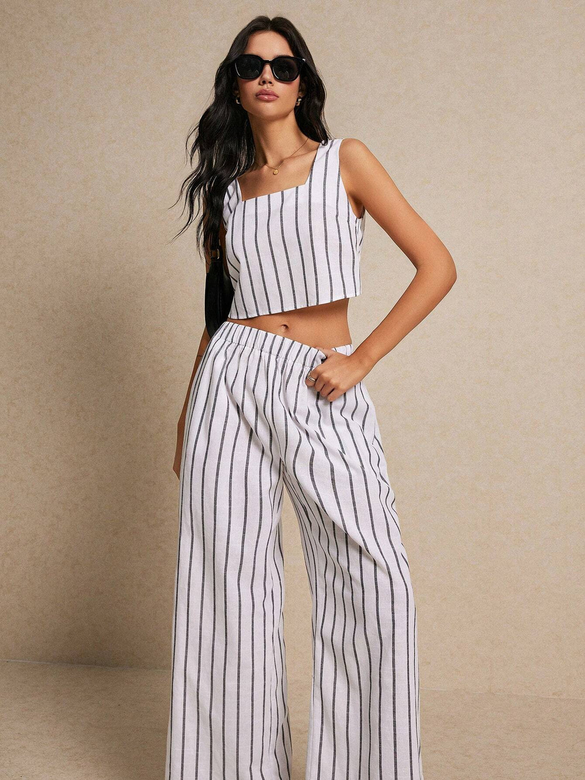 Women's Summer Casual Striped Color Block Tank Top And Wide Leg Pants Two-Piece Set
