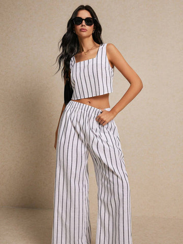 Women's Summer Casual Striped Color Block Tank Top And Wide Leg Pants Two-Piece Set