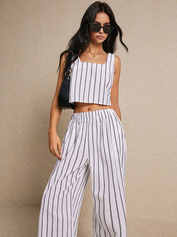 Women's Summer Casual Striped Color Block Tank Top And Wide Leg Pants Two-Piece Set