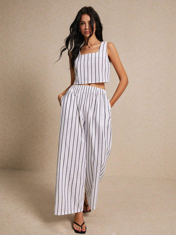 Women's Summer Casual Striped Color Block Tank Top And Wide Leg Pants Two-Piece Set