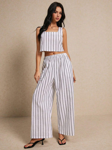 Women's Summer Casual Striped Color Block Tank Top And Wide Leg Pants Two-Piece Set