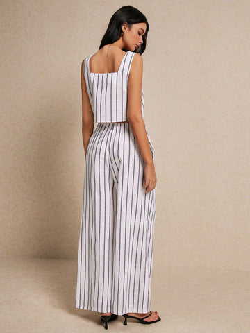 Women's Summer Casual Striped Color Block Tank Top And Wide Leg Pants Two-Piece Set