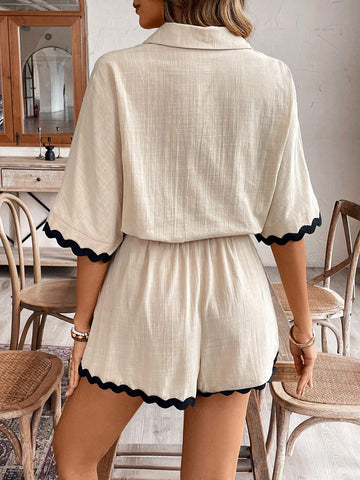 Women's Summer Cotton & Linen Colorblock Seashell Edge Weave Belt Detail Romper,Women Casual Holiday Romper With Color Collision And Wavy Edge,Teacher Clothes,4th Of July Outfits,Business Casual Women,4th Of July Outfits,Old Money Style