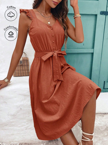 Women's Summer Flutter Sleeve Solid Color Button Decorated Lace V-Neck Loose Dress,Cotton & Linen Dress