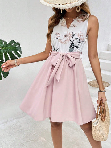 Women's Summer Holiday Feather Printed V-Neck Color-Block Sleeveless Casual Dress,Teacher
