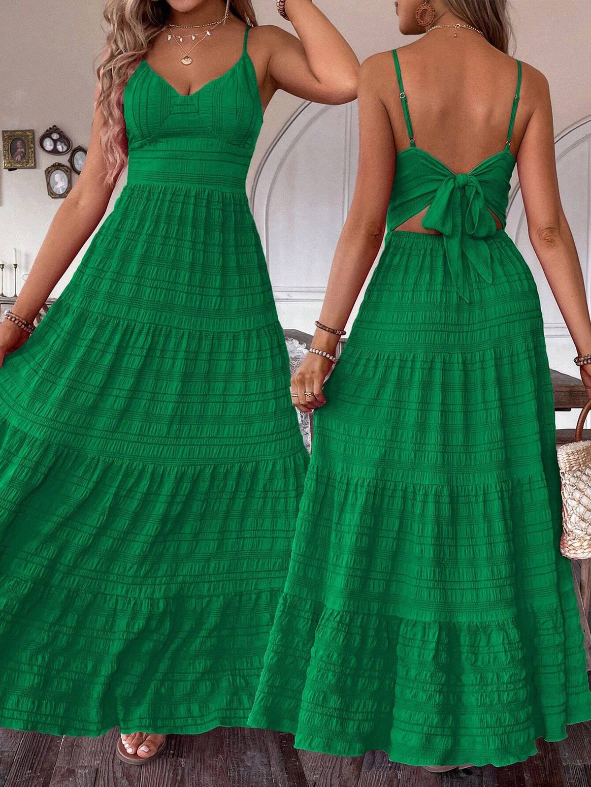 Women's Summer Maxi Cami Dress With Textured Fabric And Knot Back