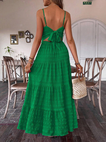 Women's Summer Maxi Cami Dress With Textured Fabric And Knot Back