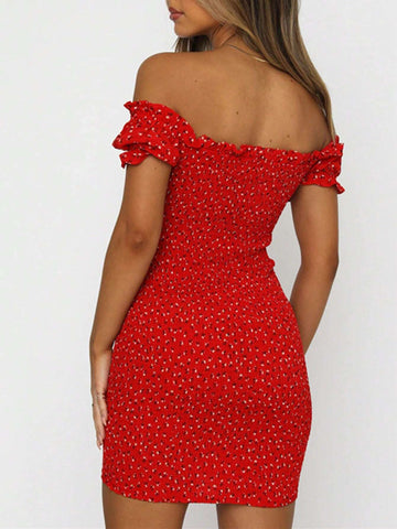 Women's Summer Slim Fit Off-Shoulder Dress With Ditsy Floral Print