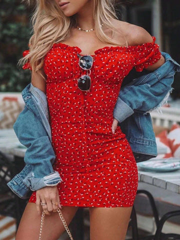 Women's Summer Slim Fit Off-Shoulder Dress With Ditsy Floral Print