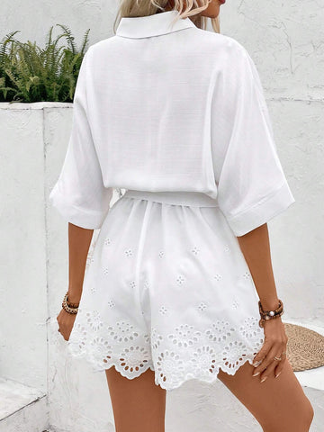Women's Summer Solid Color Hollow Out Embroidery Batwing Sleeve Shirt Style Romper Shorts,Women White Romper