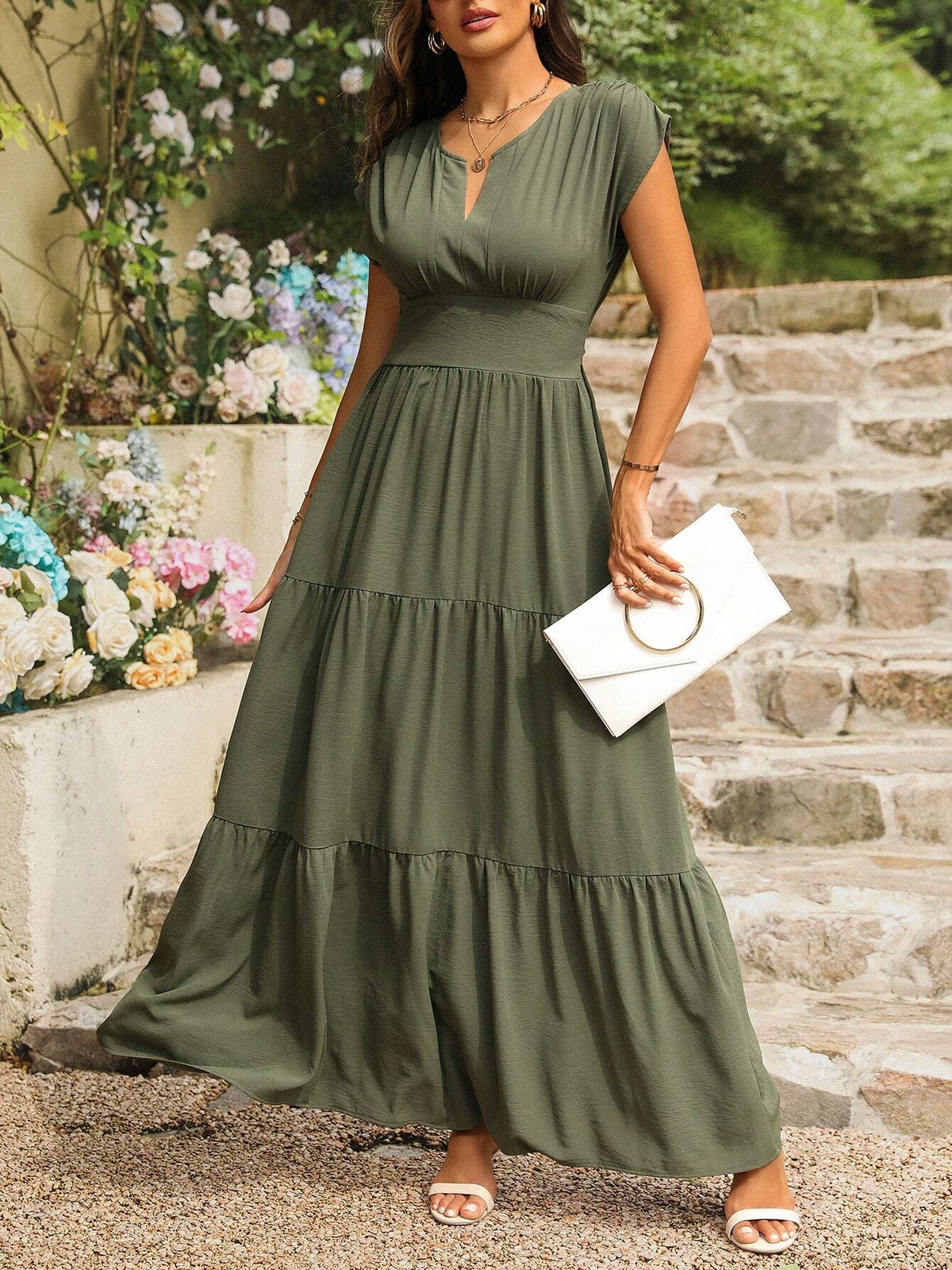 Women's Summer Solid Color Notch V-Neck Short Sleeve Elegant Dress