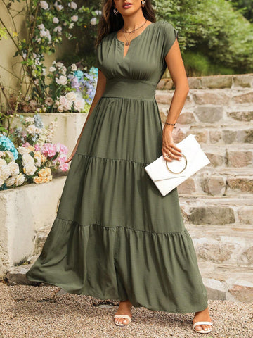 Women's Summer Solid Color Notch V-Neck Short Sleeve Elegant Dress