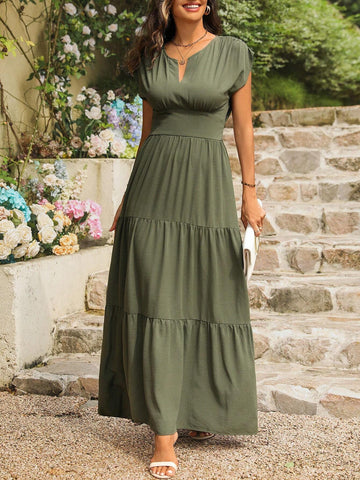 Women's Summer Solid Color Notch V-Neck Short Sleeve Elegant Dress