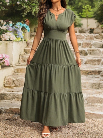 Women's Summer Solid Color Notch V-Neck Short Sleeve Elegant Dress