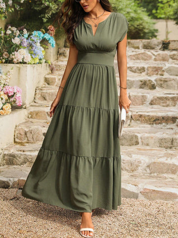 Women's Summer Solid Color Notch V-Neck Short Sleeve Elegant Dress