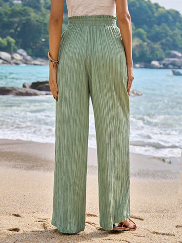 Frenchy Women's Summer Textured High Waisted Solid Color Long Pants,Green Pants