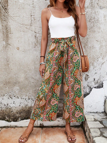 Women's Summer Vacation Solid Color Camisole Top And Botanical Print Pants Set