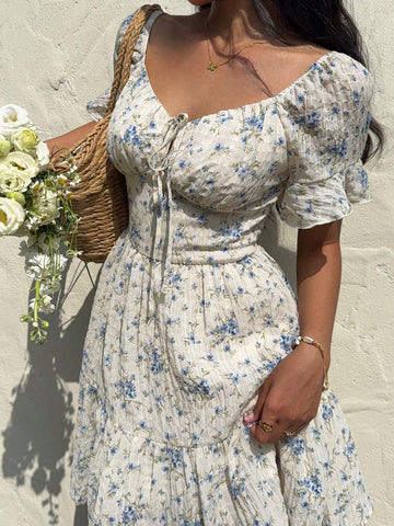 Women's Summer Vacation Style Blue Floral Textured Puffy Sleeve Casual Short Dresses Sprin