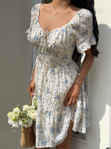 Women's Summer Vacation Style Blue Floral Textured Puffy Sleeve Casual Short Dresses Sprin