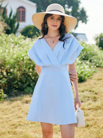 Women's Surplice Neckline Pleated Panel Dress