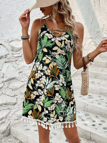 Women's Tropical Plant Print Spaghetti Strap Dress