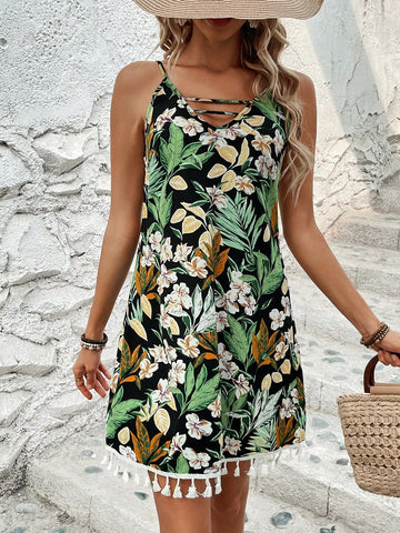 Women's Tropical Plant Print Spaghetti Strap Dress