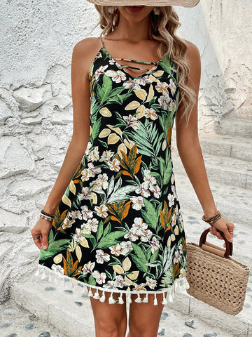 Women's Tropical Plant Print Spaghetti Strap Dress