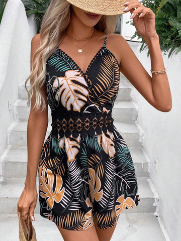 Women's Tropical Plant Printed Vacation Style Cami Jumpsuit