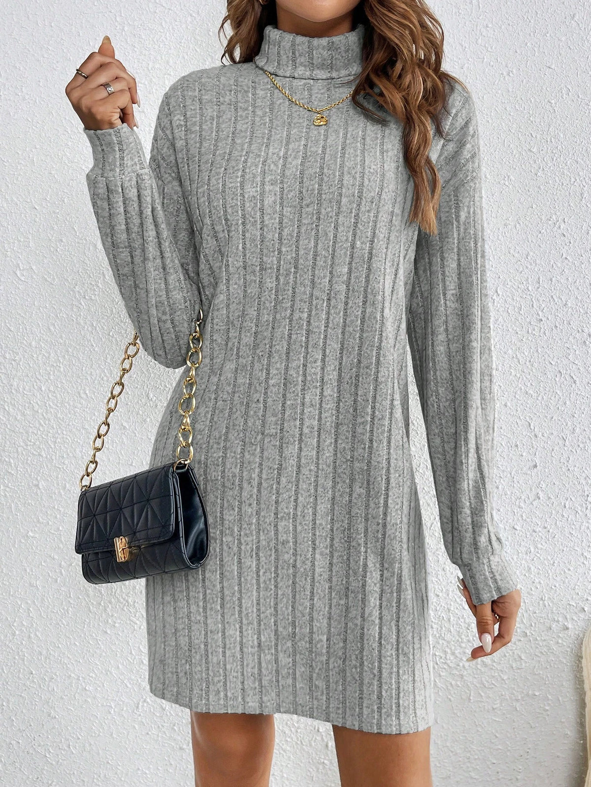 Women's Turtleneck Long Sleeve Ribbed Bodycon Textured Fabric Black Dress