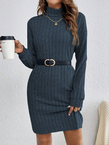 Women's Turtleneck Long Sleeve Ribbed Bodycon Textured Fabric Black Dress