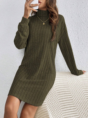 Women's Turtleneck Long Sleeve Ribbed Bodycon Textured Fabric Black Dress