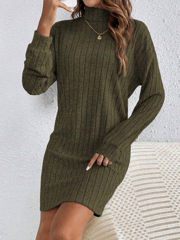 Women's Turtleneck Long Sleeve Ribbed Bodycon Textured Fabric Black Dress