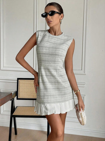 Tweed Plaid Crew Neck Sleeveless Elegant Dress,Plaid Print Zip Back Dress,New