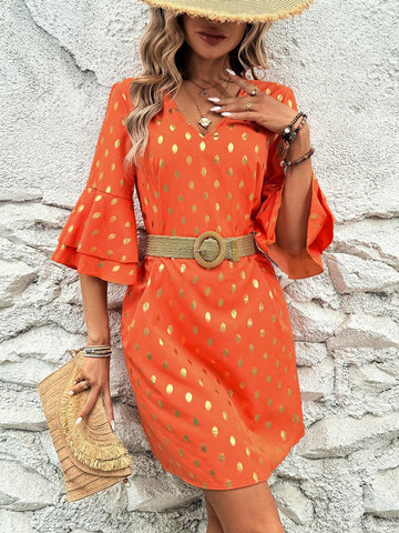 Women's V-Neck Bell Sleeve Casual Dress, Daily Wear