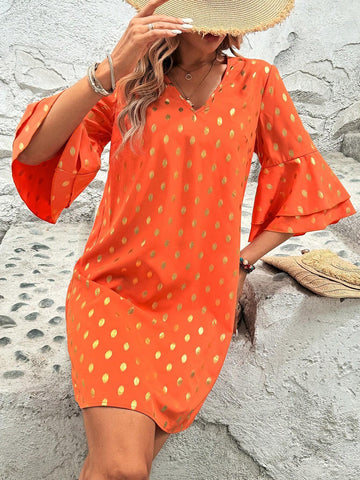 Women's V-Neck Bell Sleeve Casual Dress, Daily Wear