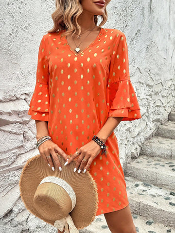 Women's V-Neck Bell Sleeve Casual Dress, Daily Wear