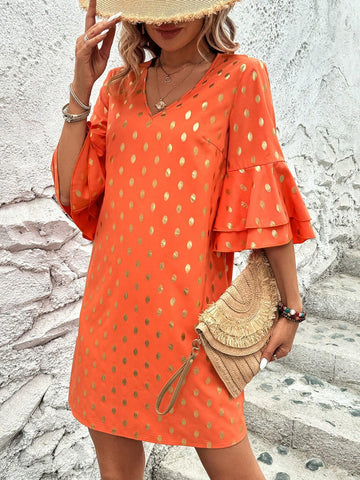 Women's V-Neck Bell Sleeve Casual Dress, Daily Wear