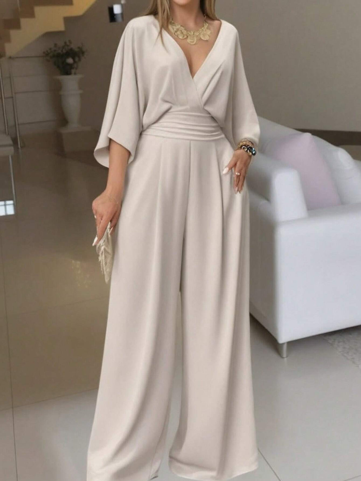 Women's V-Neck Sleeveless Waist Pleated Wide Leg Loose Jumpsuit