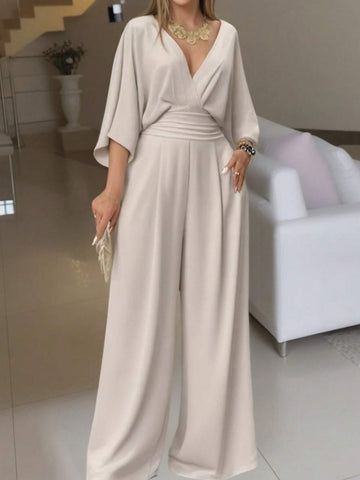 Women's V-Neck Sleeveless Waist Pleated Wide Leg Loose Jumpsuit