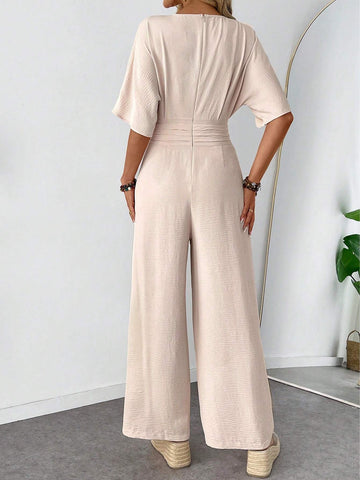 Women's V-Neck Sleeveless Waist Pleated Wide Leg Loose Jumpsuit