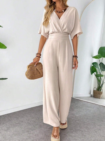 Women's V-Neck Sleeveless Waist Pleated Wide Leg Loose Jumpsuit