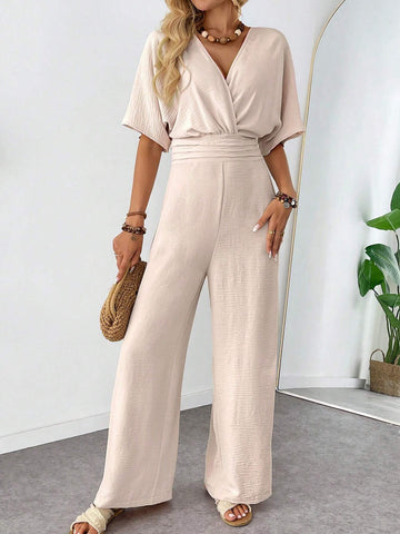 Women's V-Neck Sleeveless Waist Pleated Wide Leg Loose Jumpsuit