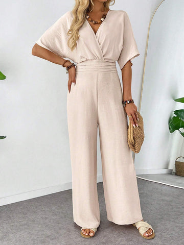Women's V-Neck Sleeveless Waist Pleated Wide Leg Loose Jumpsuit