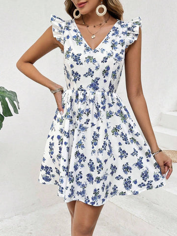 Women's V-Neck Lace Splice Backless Tie Back Cap Sleeve Summer Dress For Casual Wear And Vacation