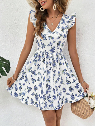 Women's V-Neck Lace Splice Backless Tie Back Cap Sleeve Summer Dress For Casual Wear And Vacation