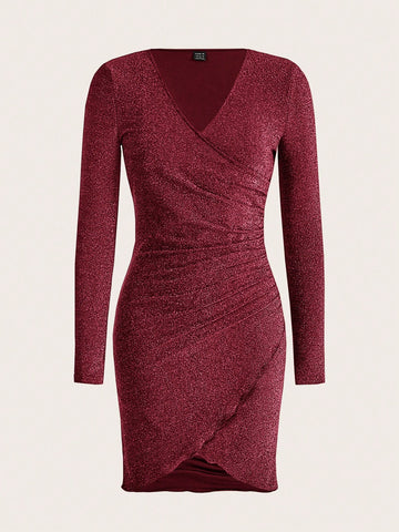 Women's V-Neck Long Sleeve Sequined Pleated Mini Party Dress