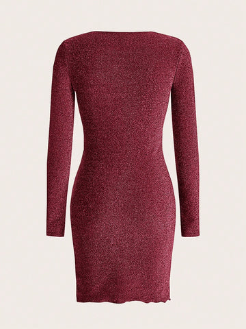 Women's V-Neck Long Sleeve Sequined Pleated Mini Party Dress